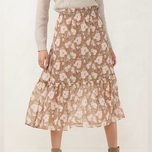 Lauren Conrad floral tiered midi skirt neutral beige pink olive NWT